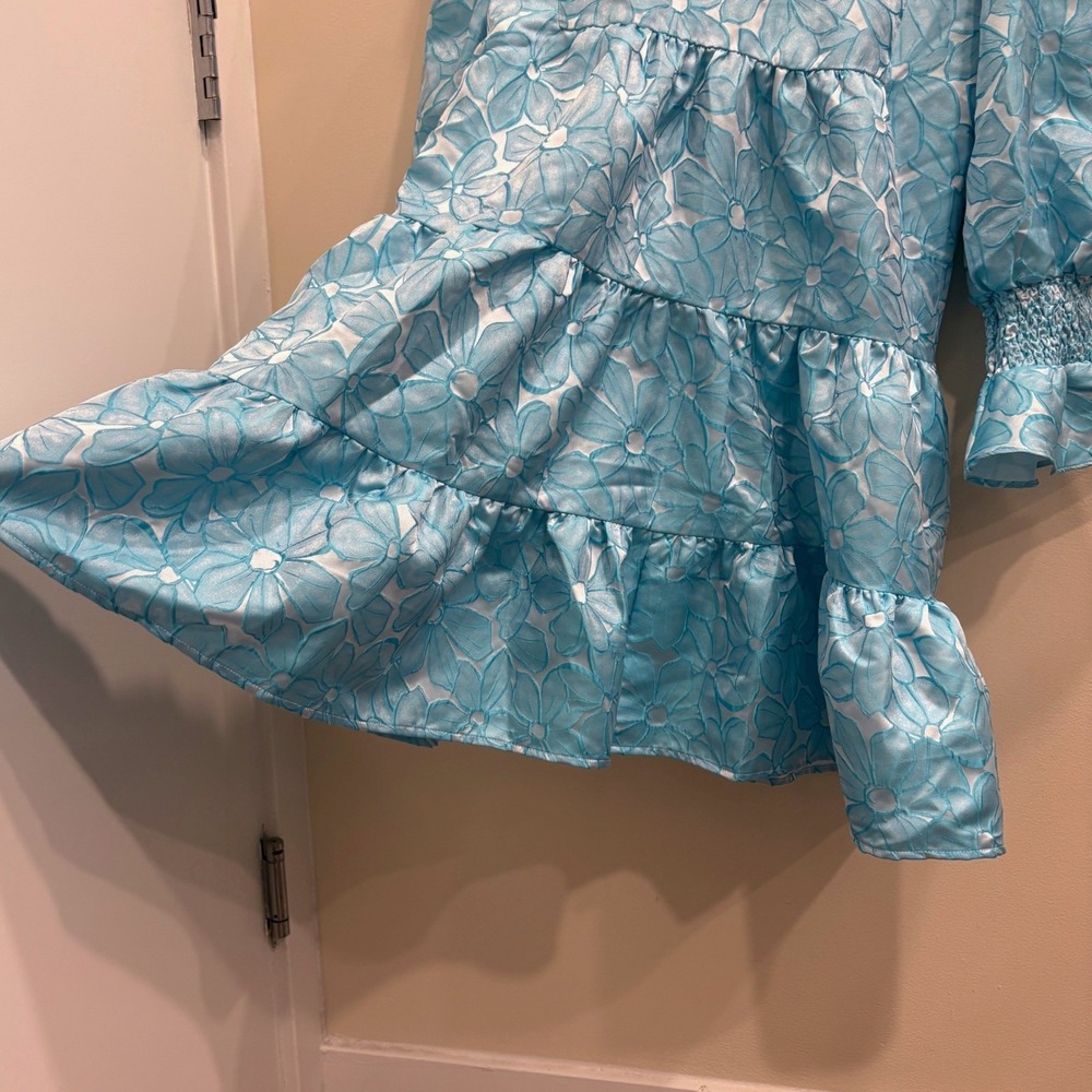 Pomander Place Blue Floral Jacquard Kenzo Tiered Mini Babydoll Dress Medium NEW - Picture 6 of 10